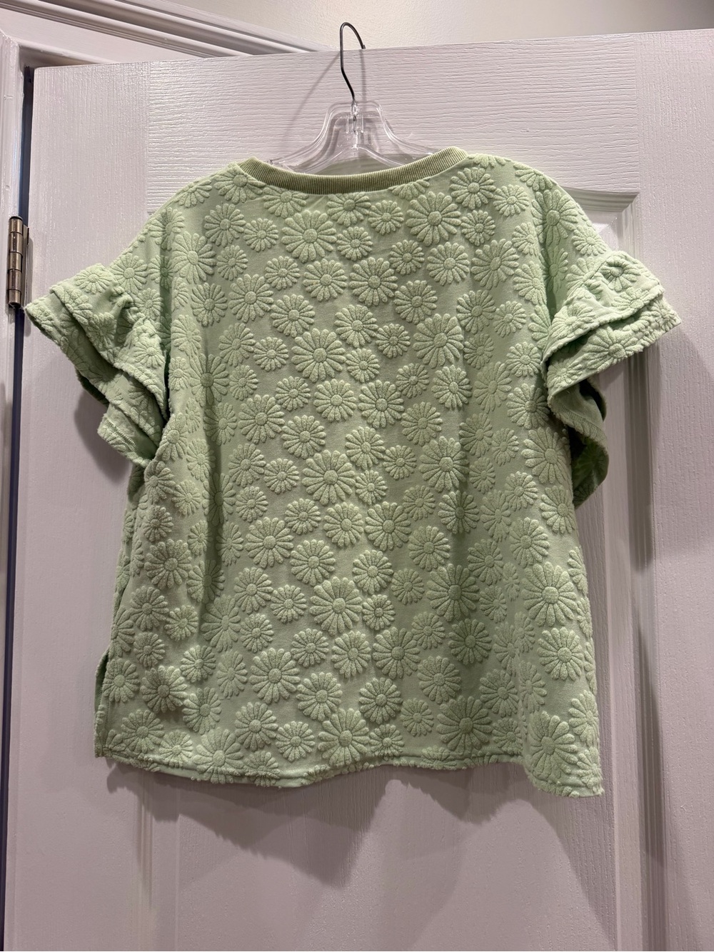 Textured Daisy Embossed Ruffle Sleeve and Ruffle Hem Set- Light Green - Picture 3 of 6